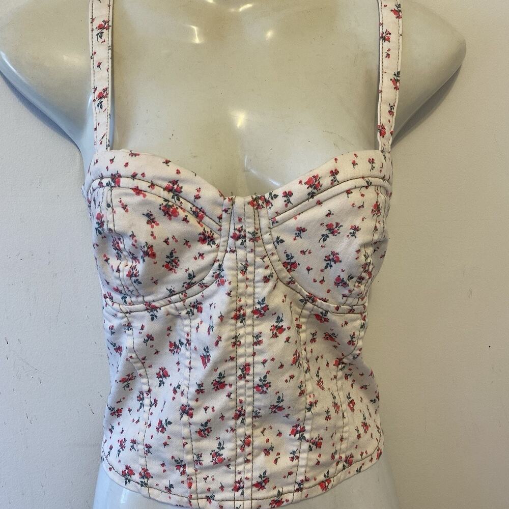 Y2K Tank Women L White Floral Milkmaid Coquette Babydoll Stretch Jrs Sexy Beachy